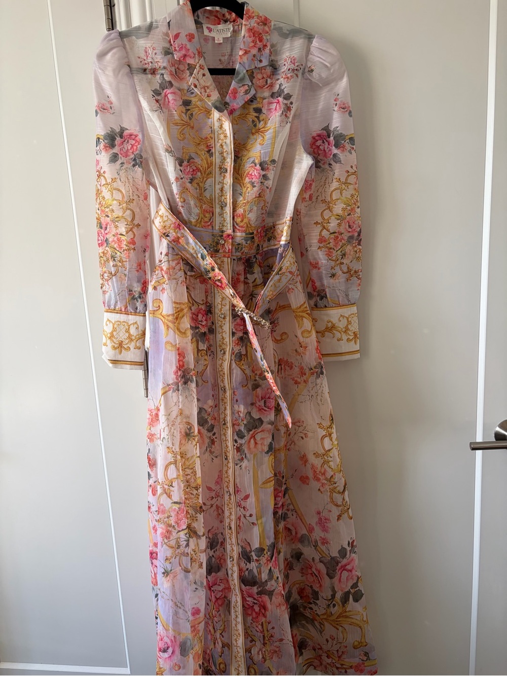 L'ATISTE Pink Floral & Gold Scroll Sheer Maxi Dress